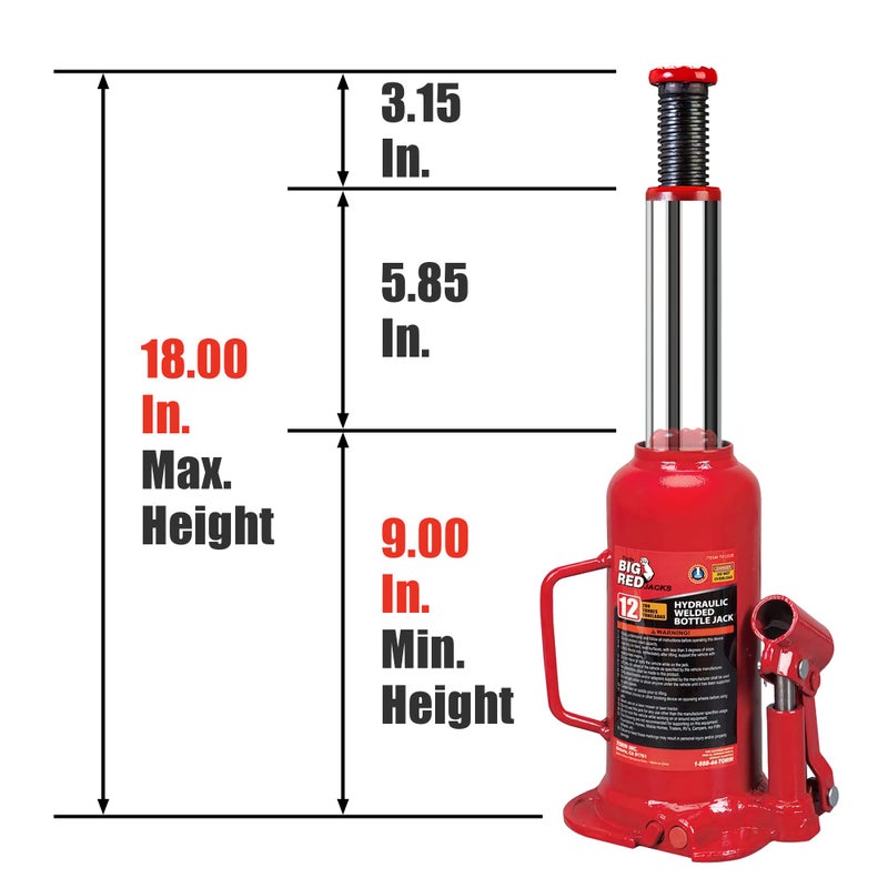 BIG RED T91203B Torin Hydraulic Welded Bottle Jack  12 Ton (24 000 lb) Capacity  Red - Image 2